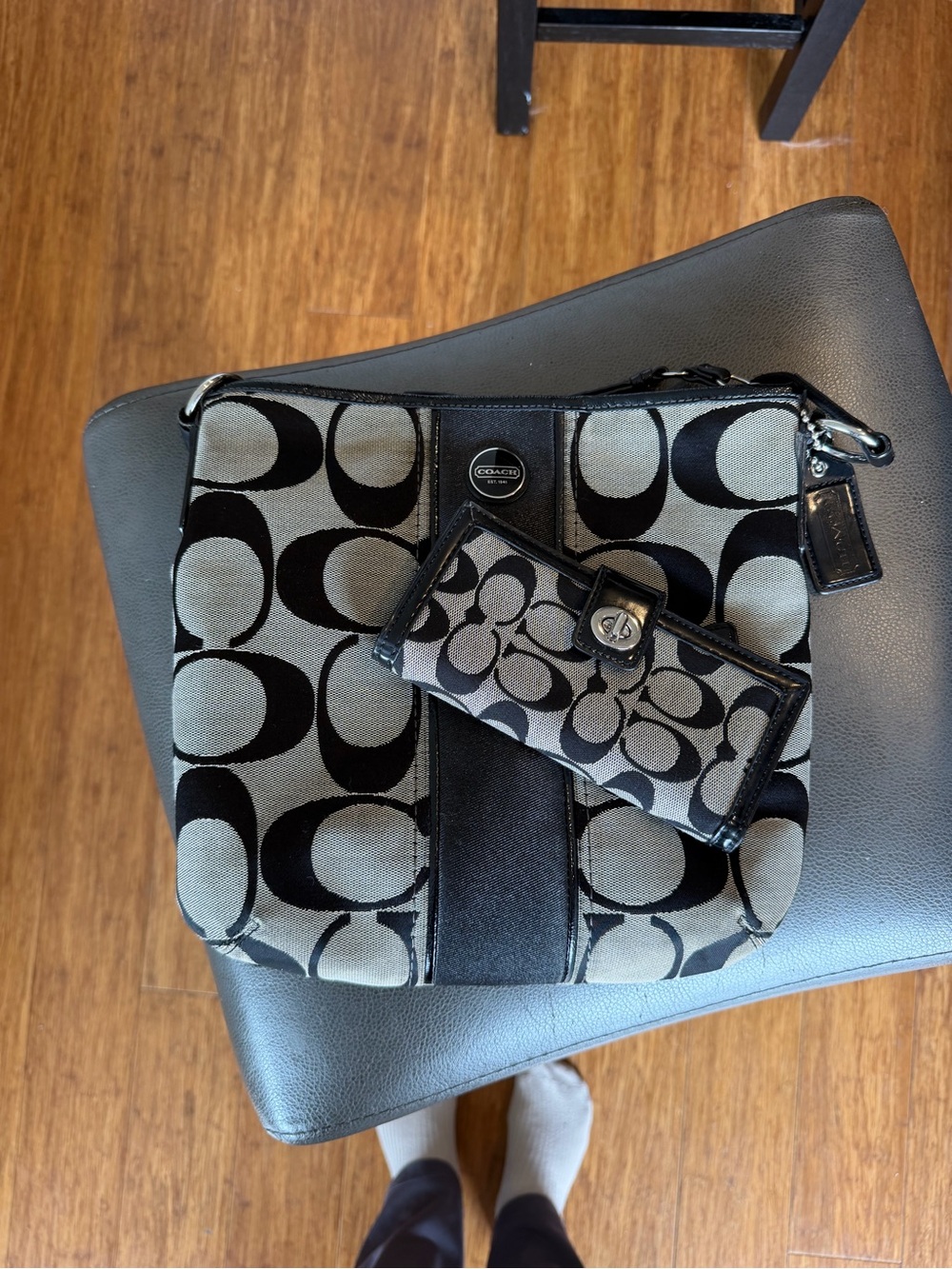 Coach Black and Gray Signature Crossbody with Matching Wallet